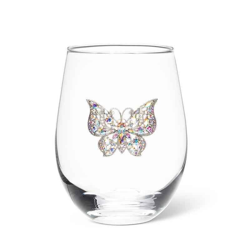 Stemless Wine Glass with Jewel Butterfly