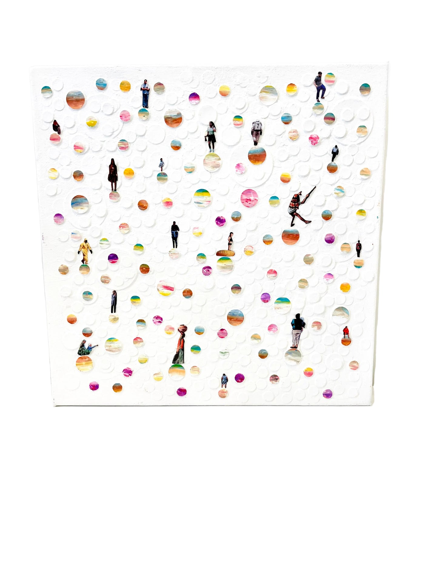 Mixed Media Art Superimposed Circular Planets and People Collage