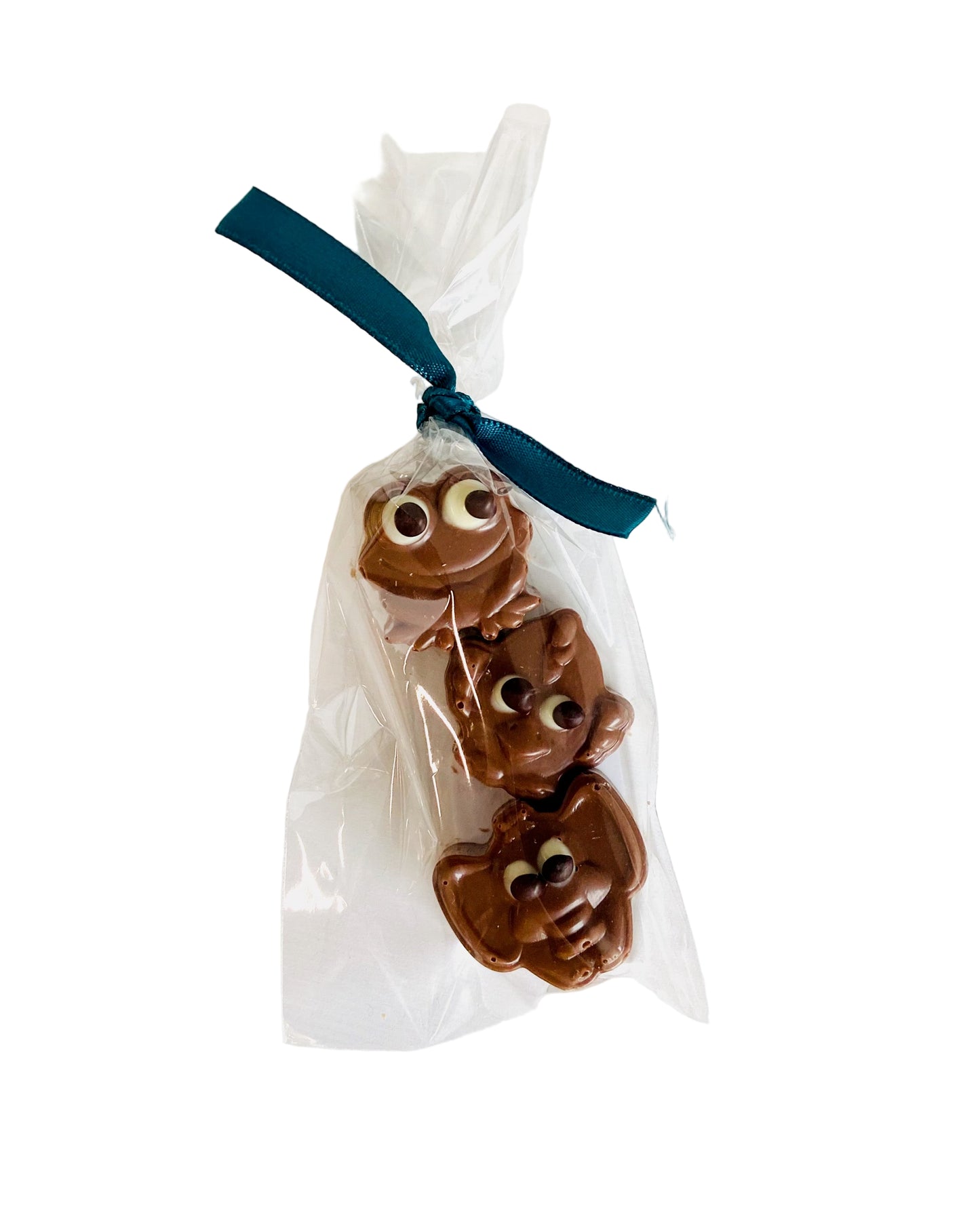 Chocolate animals in clear packaging with a blue ribbon on a white background