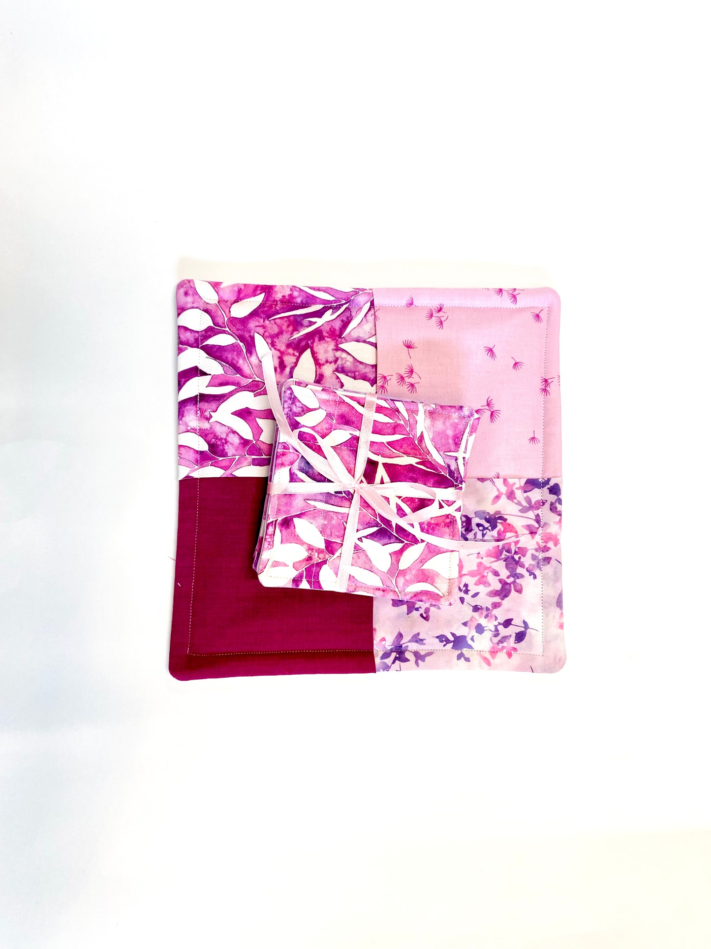 Tabletop Protector Hot Pad and Coasters Set - Purples and Pinks - Silverthorn’s Unique Handmade Decor