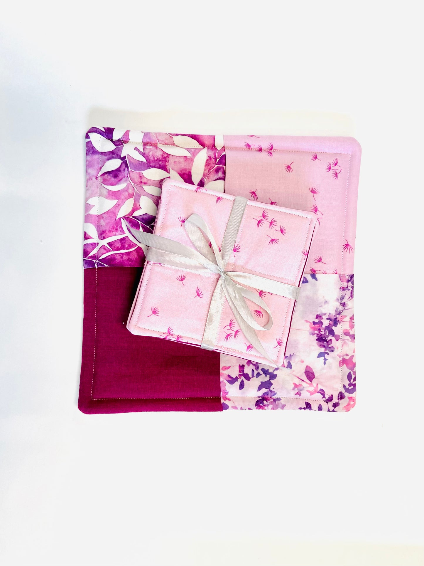 Tabletop Protector Hot Pad and Coasters Set - Purples and Pinks - Silverthorn’s Unique Handmade Decor