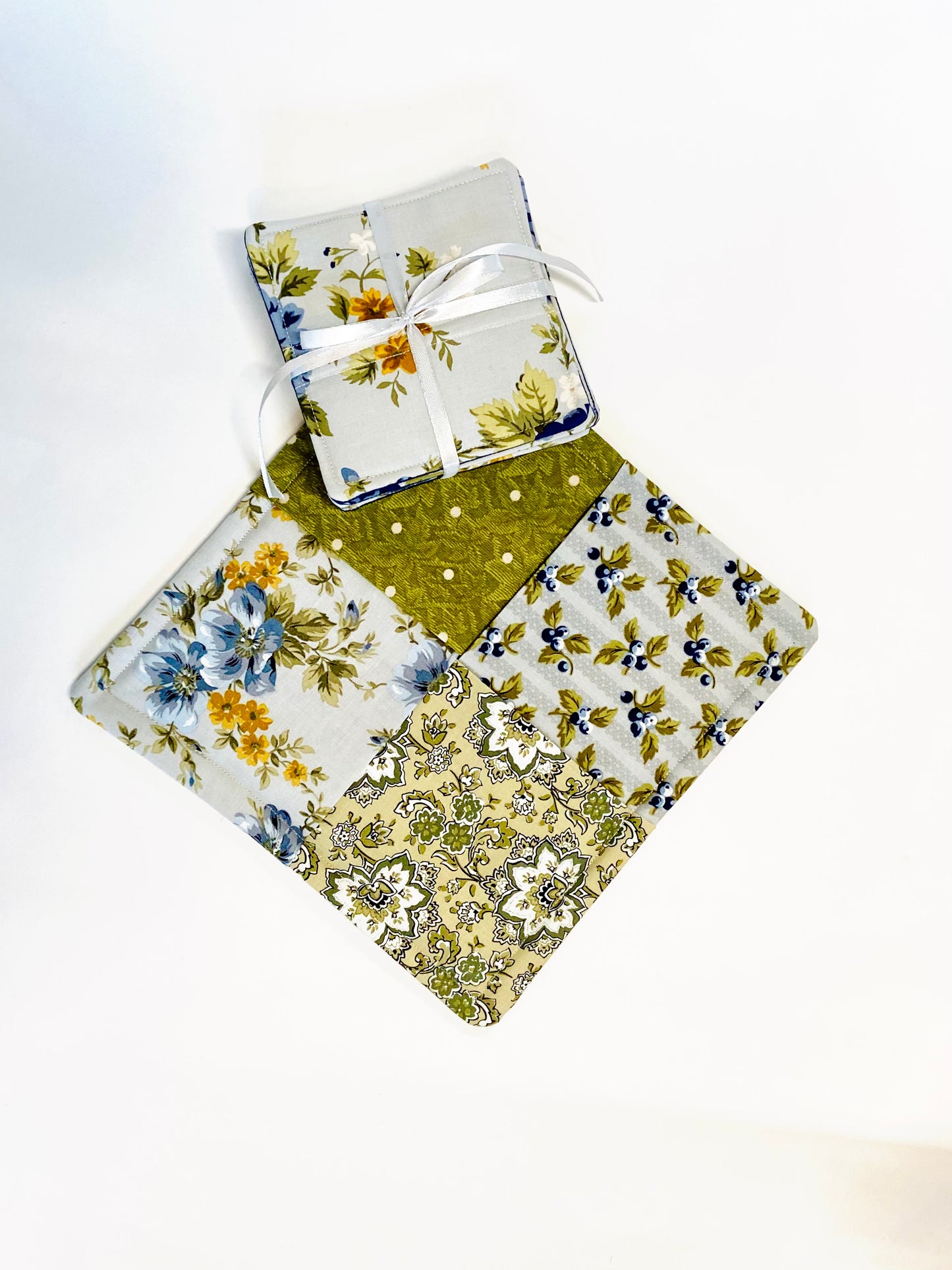 Tabletop Protector Hot Pad and Coasters Set - Blues and Greens - Silverthorn’s Unique Handmade Decor