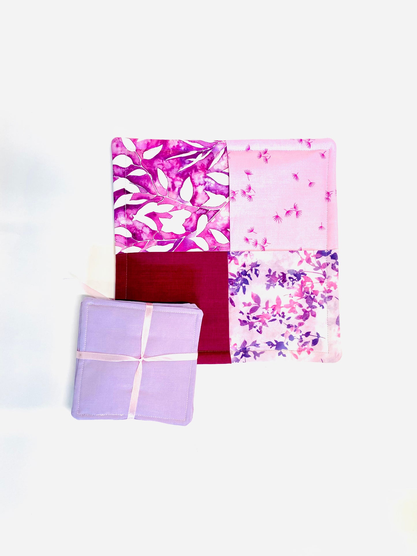 Tabletop Protector Hot Pad and Coasters Set - Purples and Pinks - Silverthorn’s Unique Handmade Decor