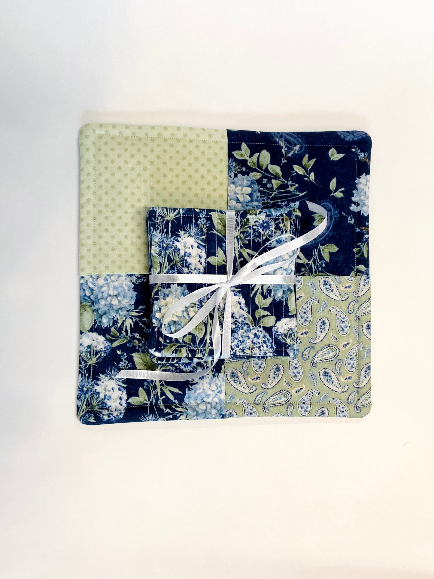 Tabletop Protector Hot Pad and Coasters Set - Blues and Greens - Silverthorn’s Unique Handmade Decor
