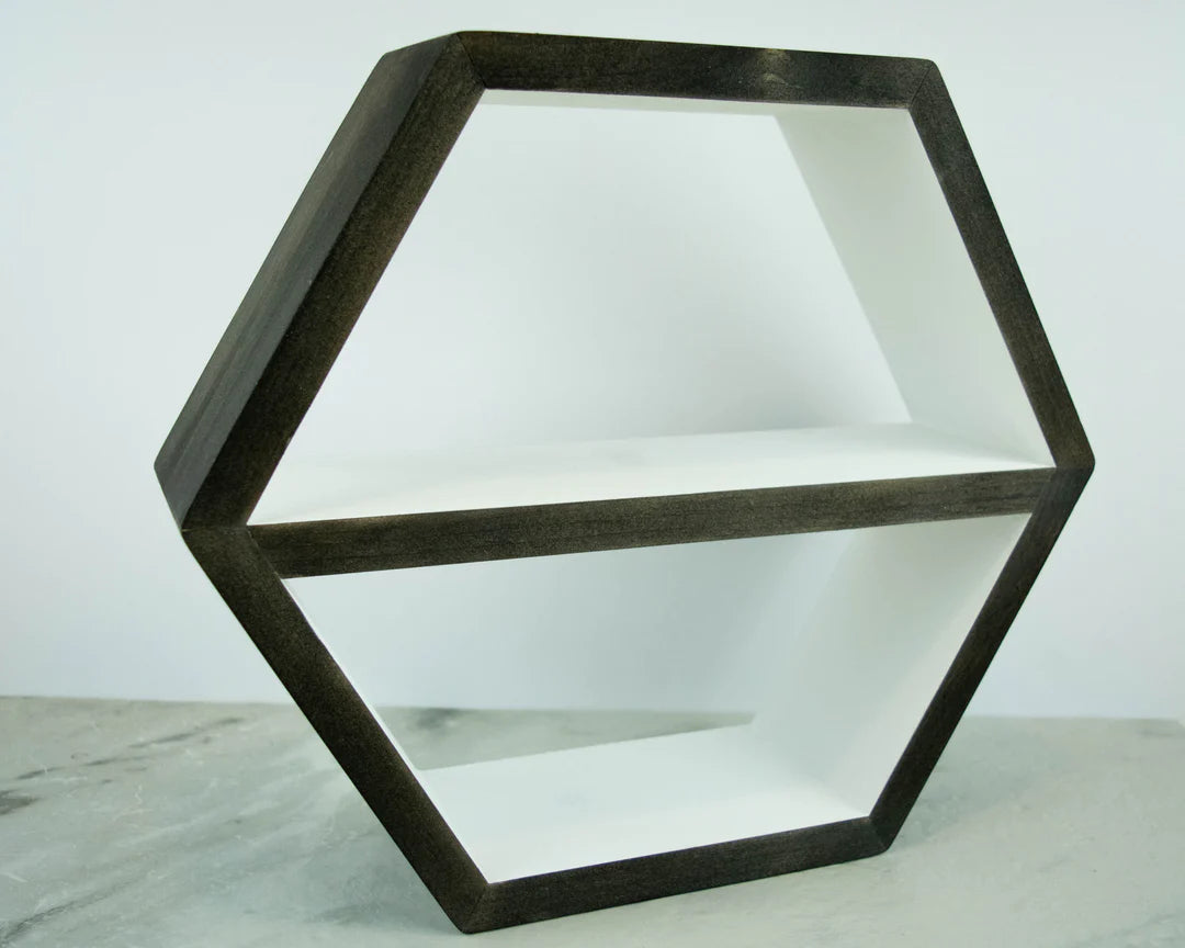 Floating Hexagon Shelf 16" with Mid Shelf - Wood Chip Decor