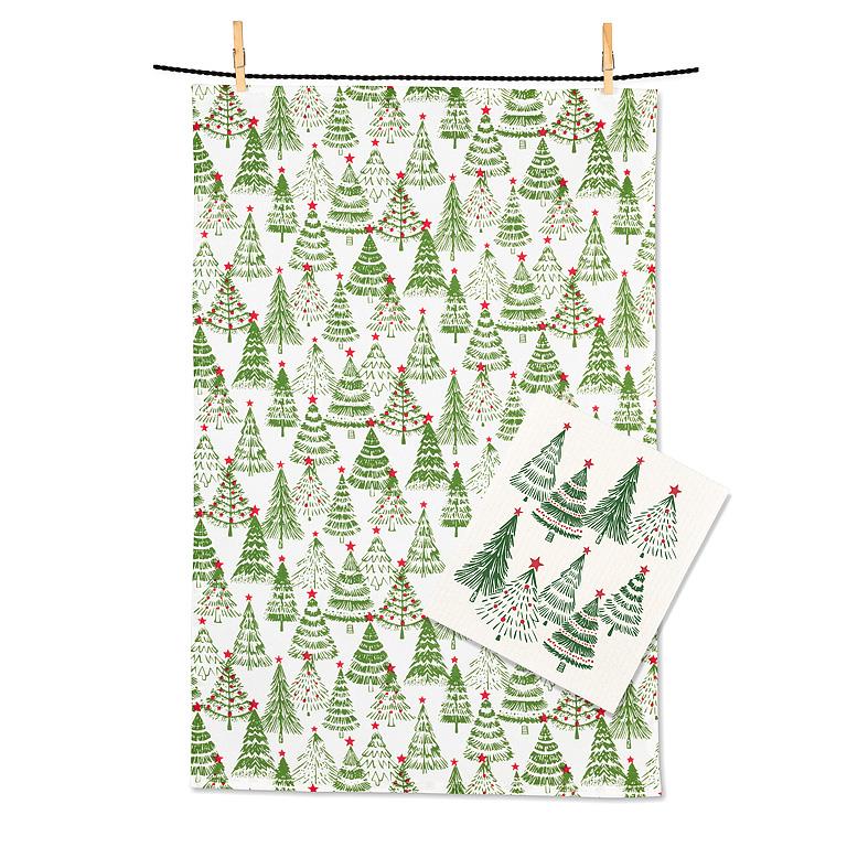 Decorated Christmas Tree Dishcloth & Kitchen Towel Set