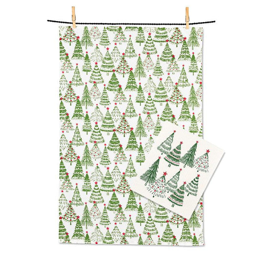 Decorated Christmas Tree Dishcloth & Kitchen Towel Set