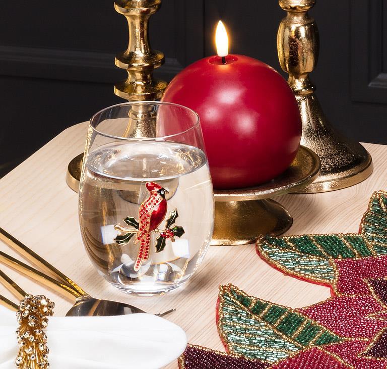 Stemless Wine Glass with Jewel Cardinal