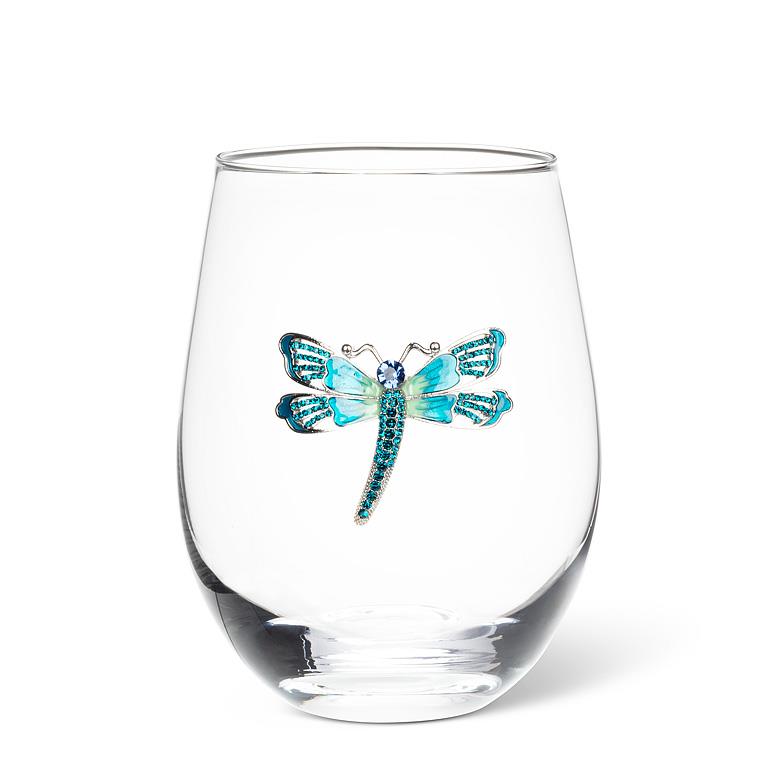 Stemless Wine Glass with Jewel Dragonfly