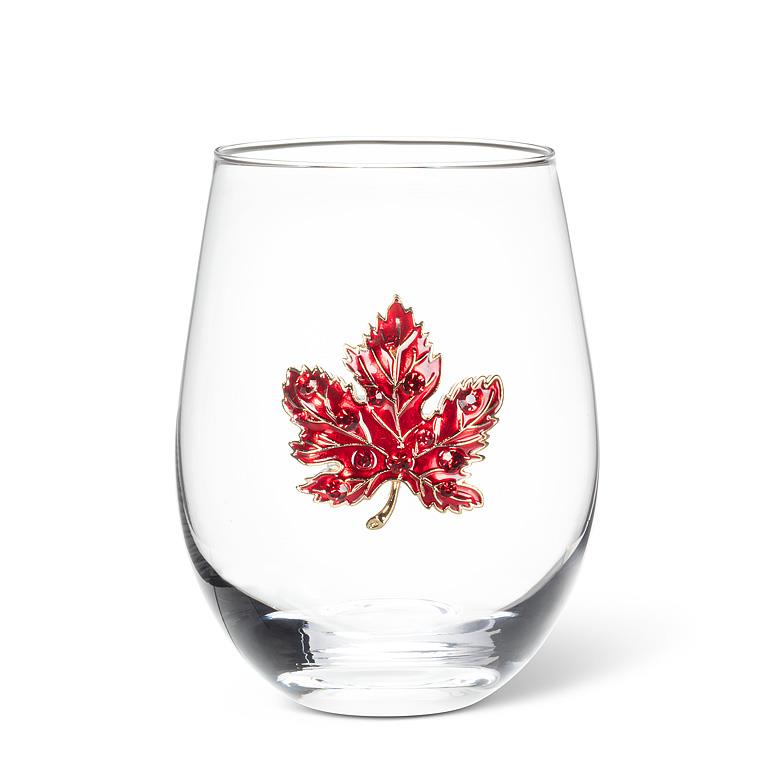 Stemless Wine Glass with Jewel Maple Leaf