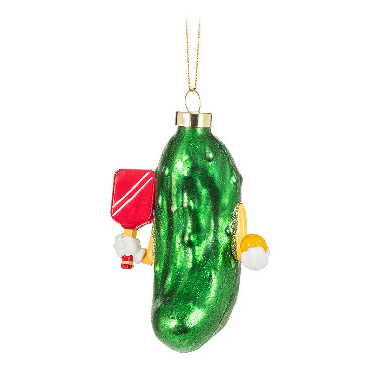 Pickle Pickleball Glass Ornament 3.5"H