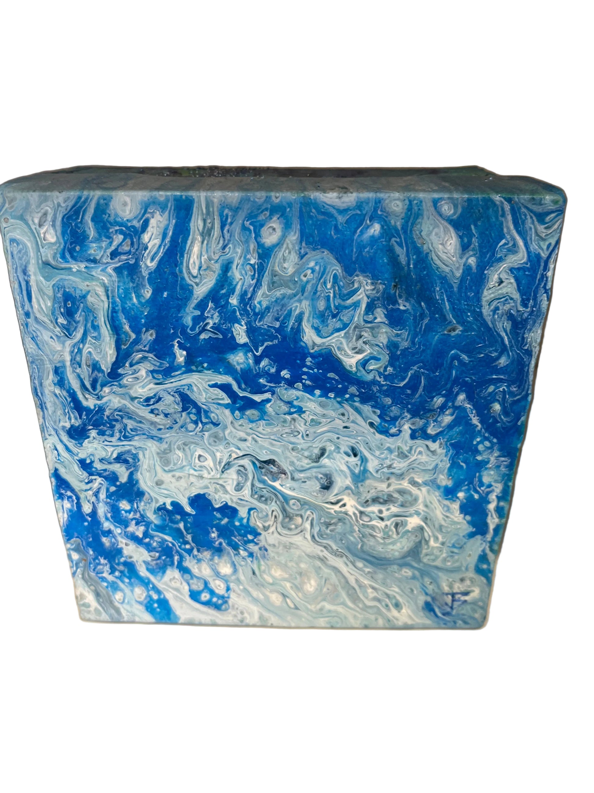 Blue and White poured acrylic art on canvas