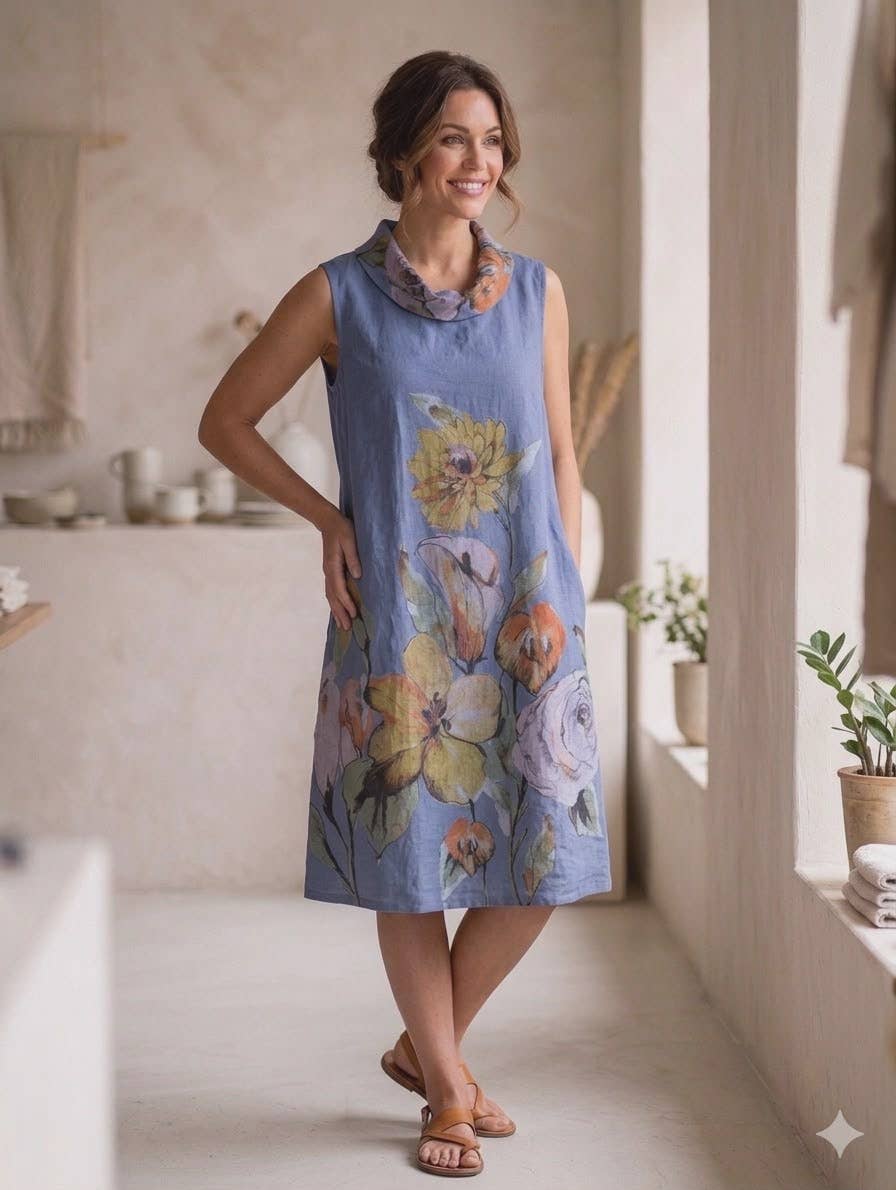 Italian linen collared dress with print