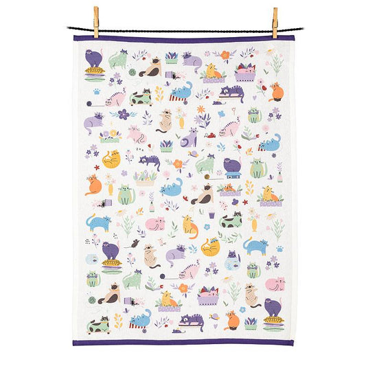 Cats and Flowers Print Tea Towel
