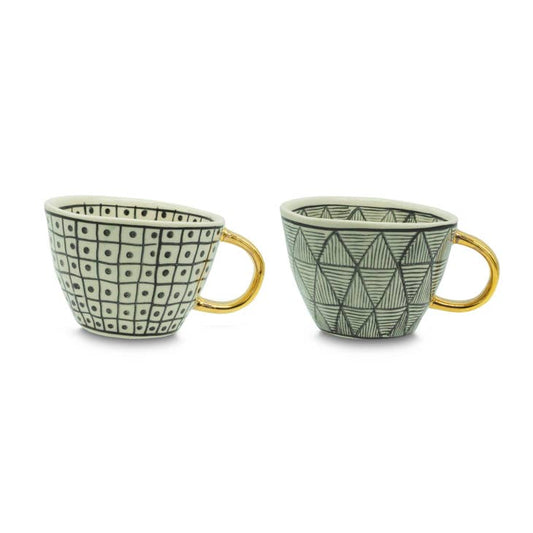Black and White Set of 2 Mugs with Gold Handles