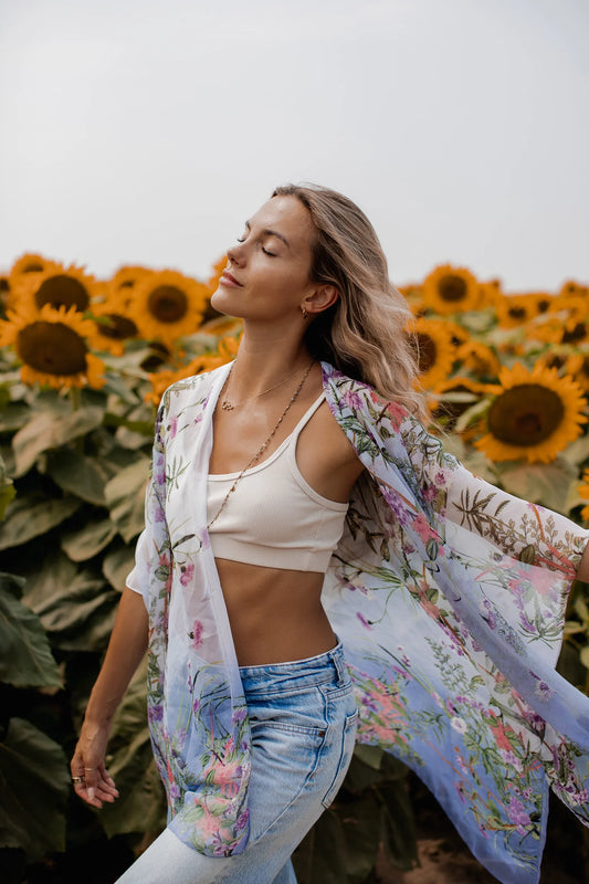 Birds and Beeds Chiffon Kimono - Ombre Mist