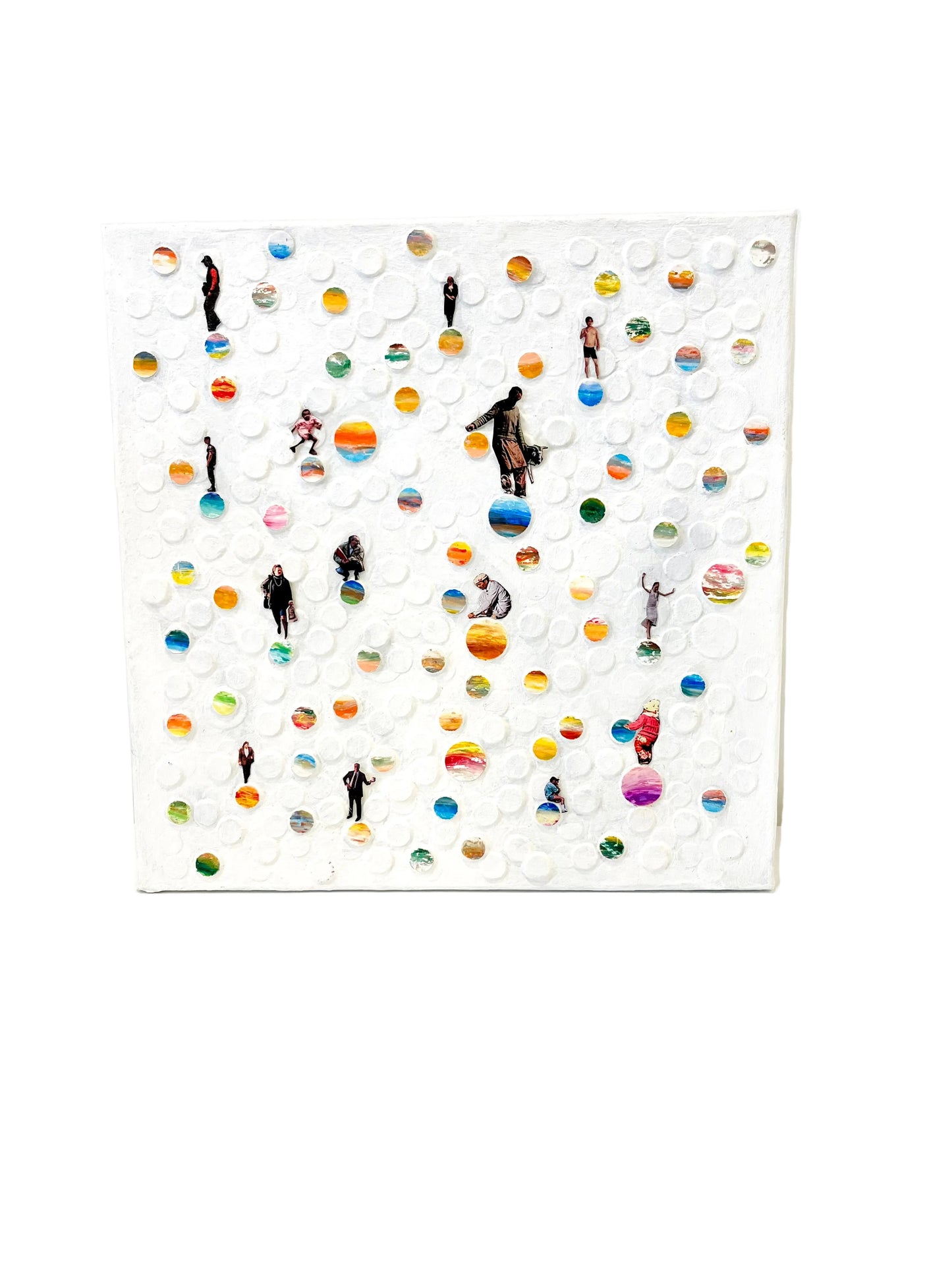 Mixed Media Art Superimposed Circular Planets and People Collage