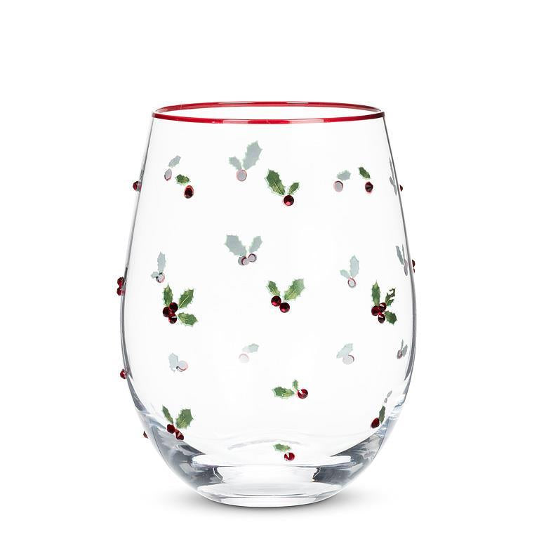 Holly with Berries Stemless Wine Glass