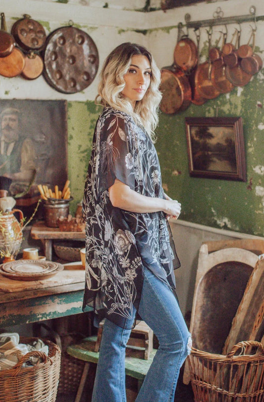 Wild Bloom Chiffon Kimono - Midnight