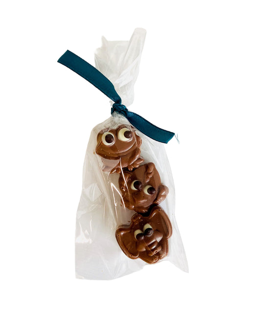 Chocolate animals in clear packaging with a blue ribbon on a white background