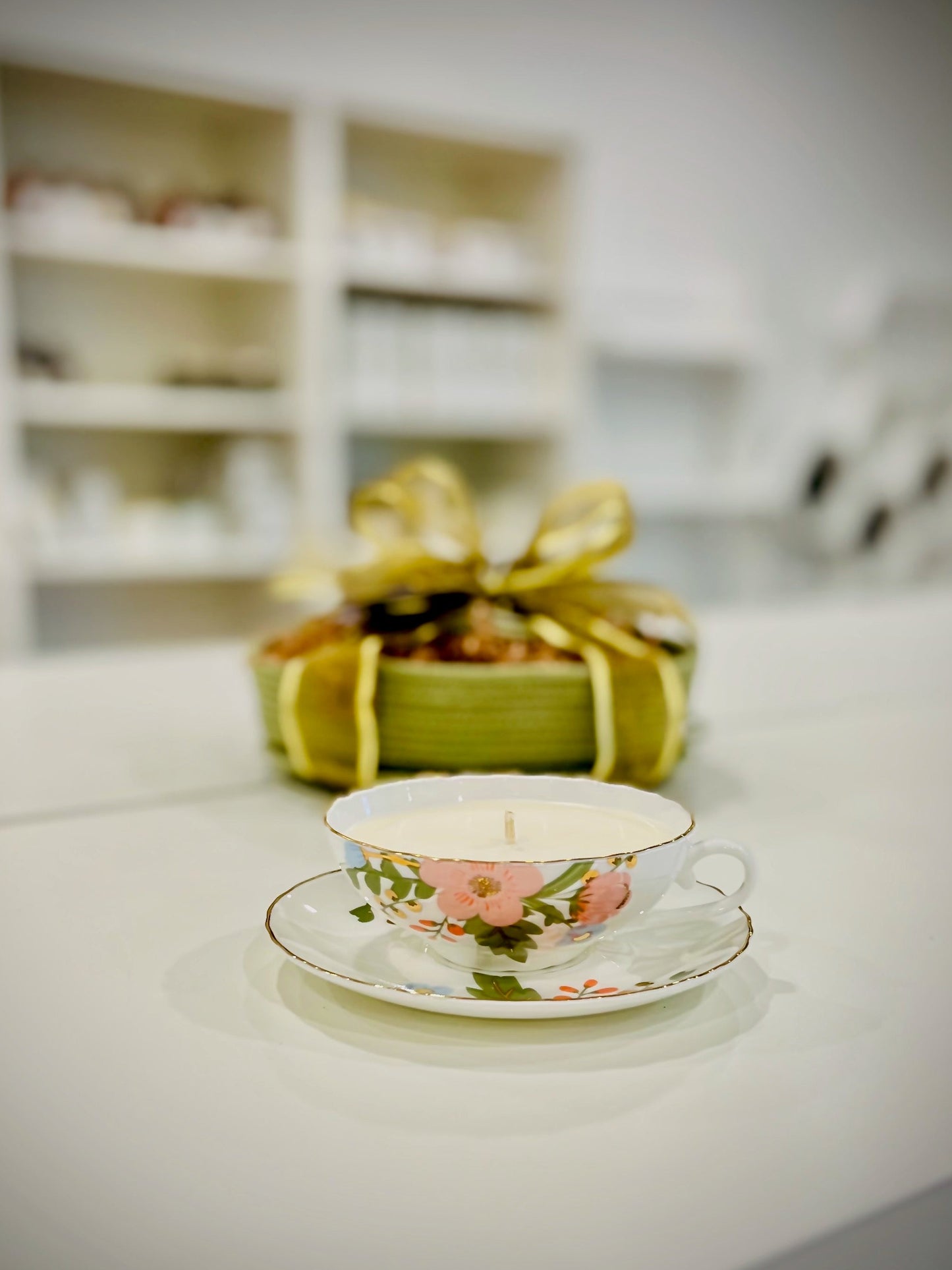 teacup candle in boutique setting