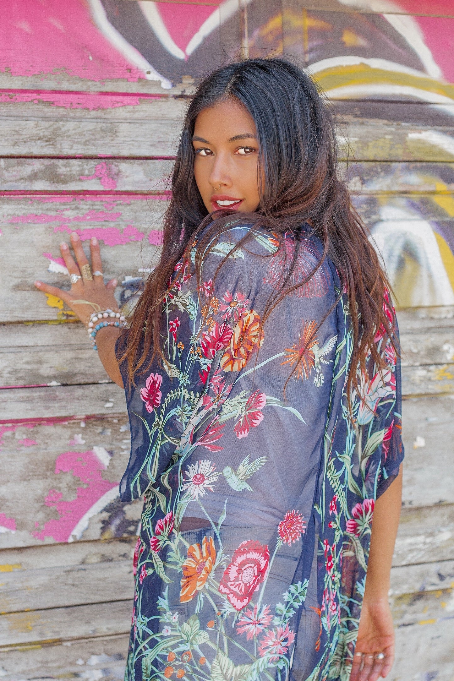 Wild Bloom Chiffon Kimono - Indigo