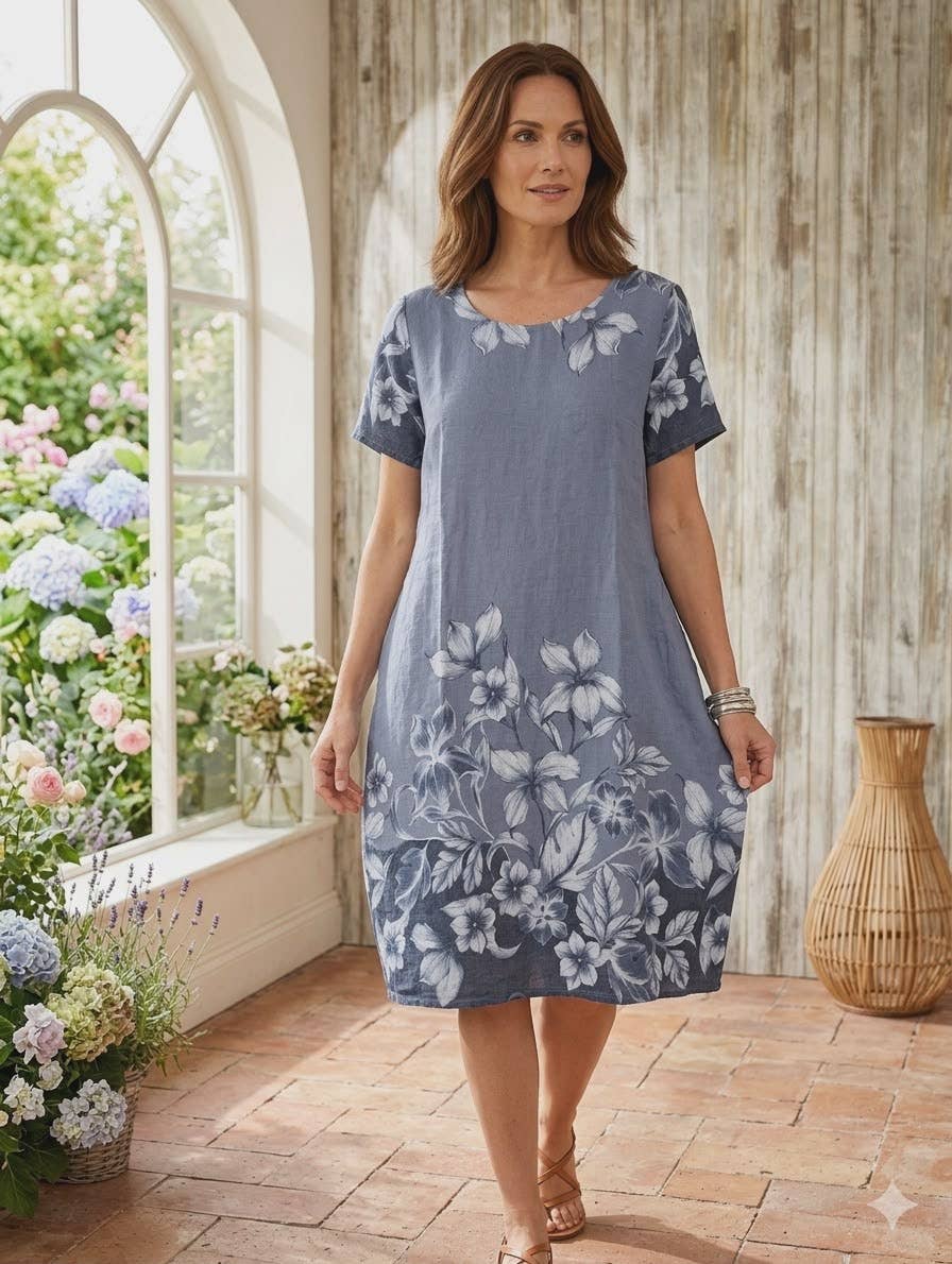 Italian linen knee length dress with floral print