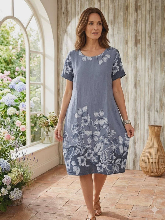 Italian linen knee length dress with floral print