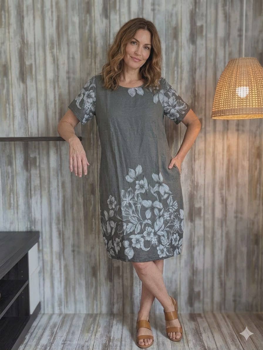 Italian linen knee length dress with floral print