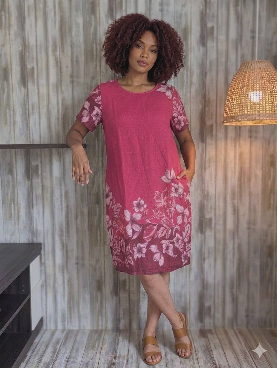 Italian linen knee length dress with floral print